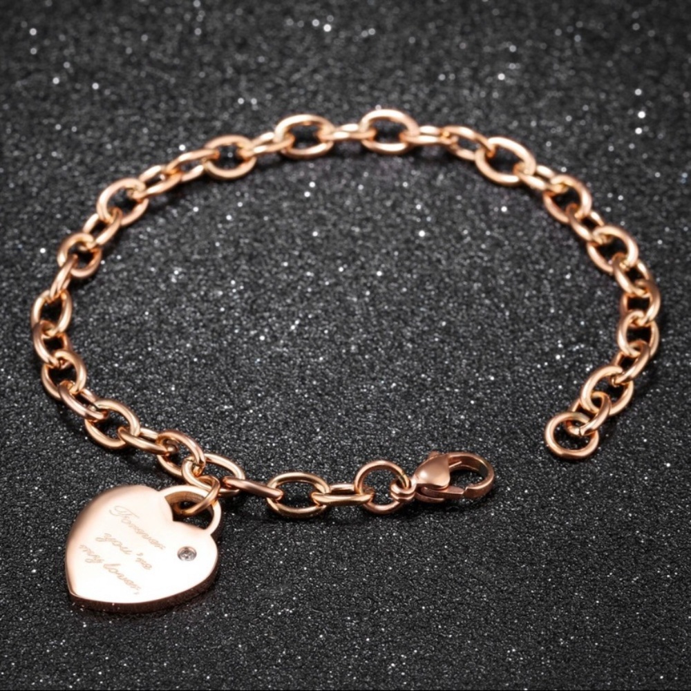 14K Rose Gold Plated Love Heart Charm Bracelet for Women